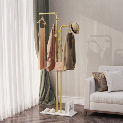 P&P Gold Double-pole Coat Rack Sturdy Marble Base Stand Freestanding Hall Tree wHook