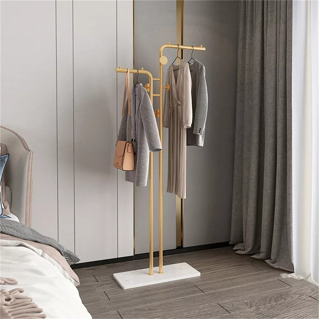 P&P Gold Double-pole Coat Rack Sturdy Marble Base Stand Freestanding Hall Tree wHook