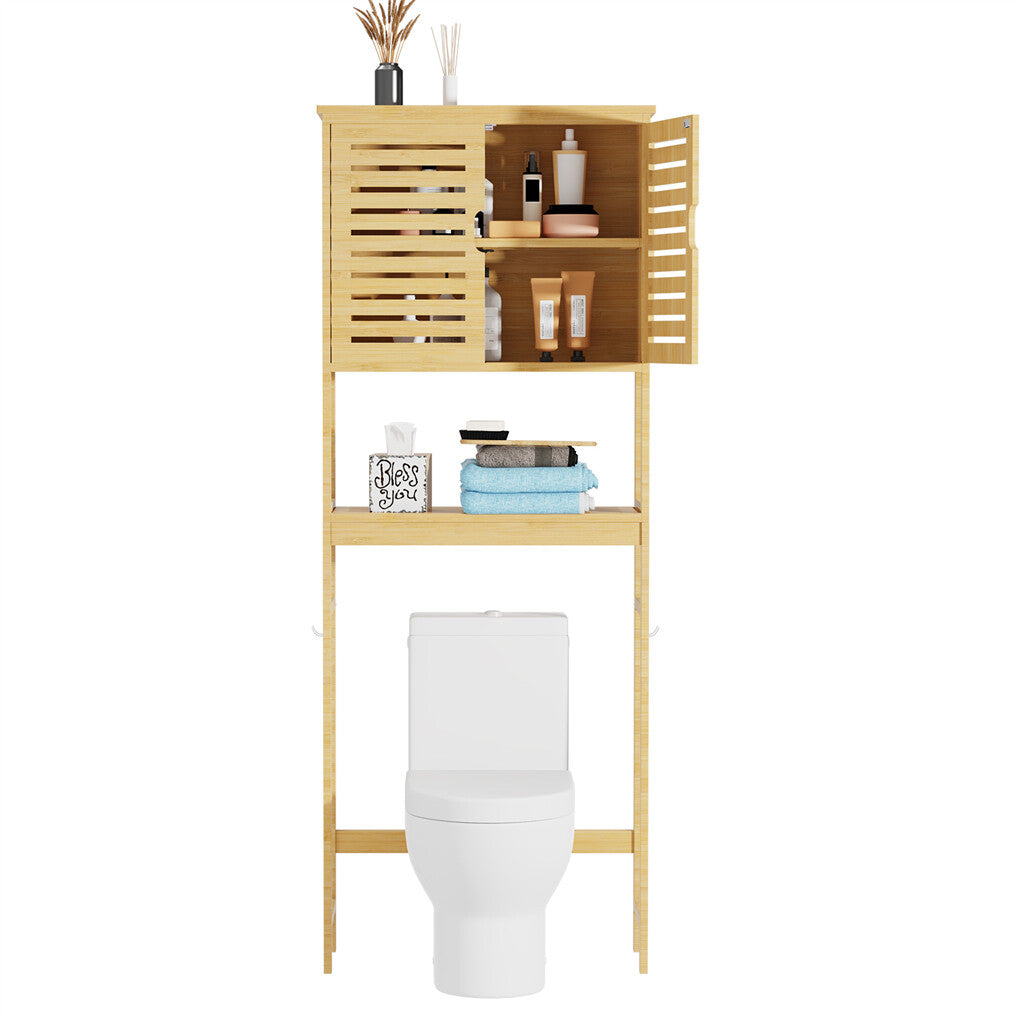 Four-tier bamboo over-toilet storage cabinet with two doors