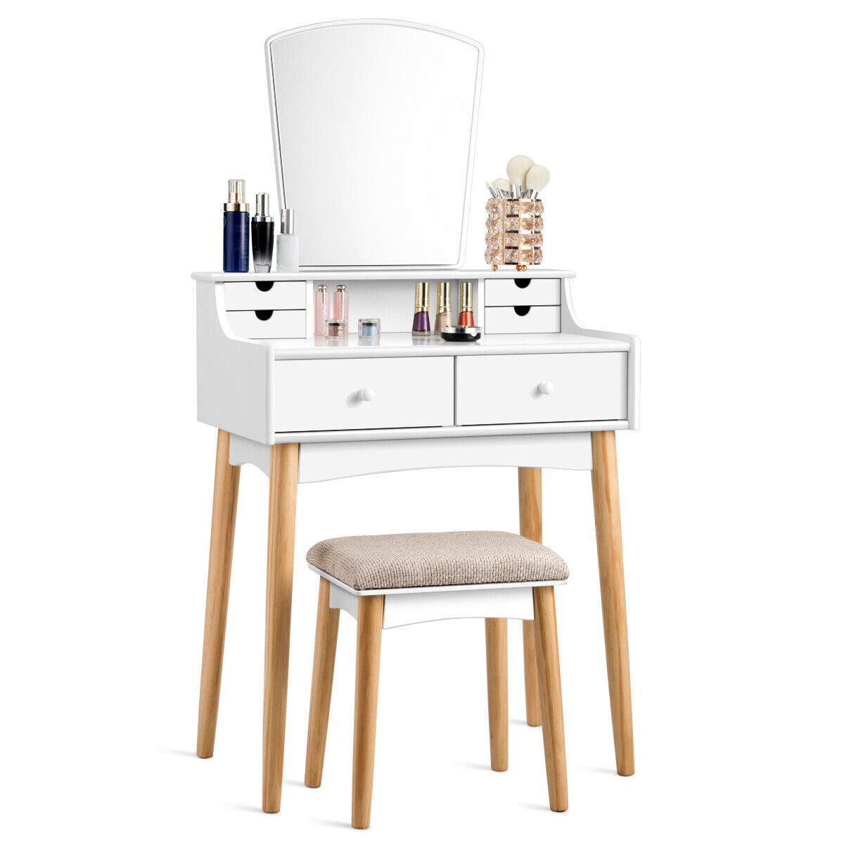 6-Drawer Vanity Table Set with Mirror & Cushioned Stool — White