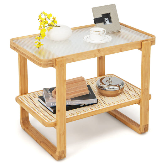 2-Tier Bamboo Side Table with Glass Top & Rattan Shelf