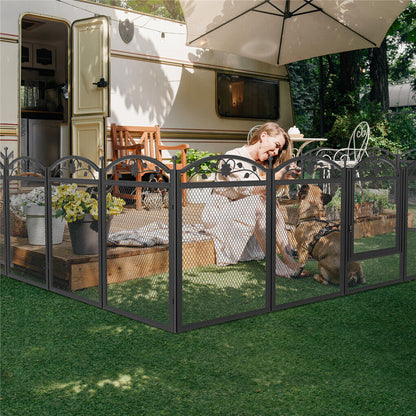 Eight-panel pet exercise pen arranged indoors
