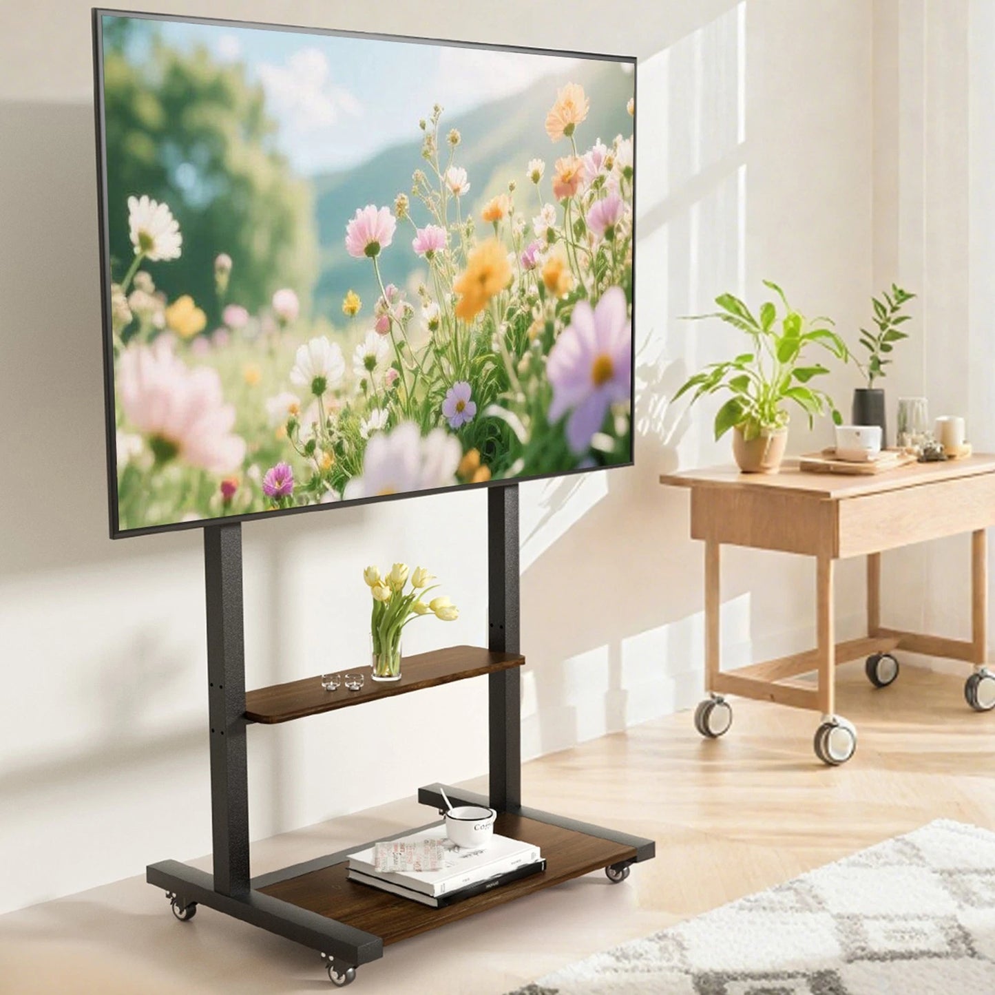 Mobile TV floor stand with two-tier storage shelves