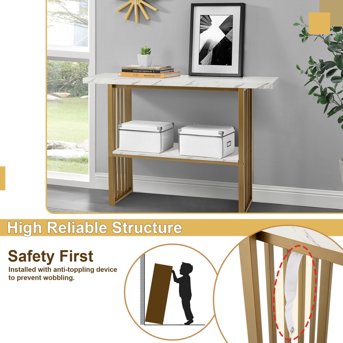 Console Table 2-Tier Beside Sofa Table with Faux Marble Tabletop Hallway