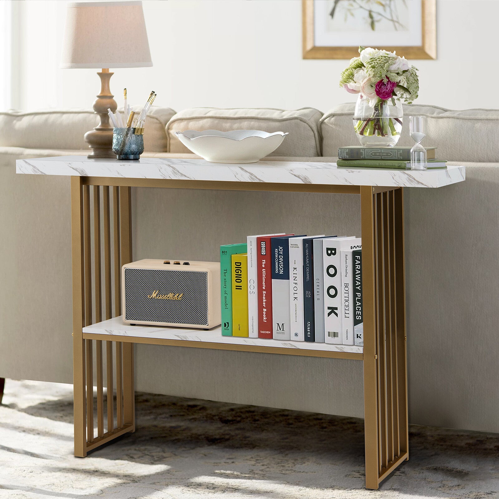 Console Table 2-Tier Beside Sofa Table with Faux Marble Tabletop Hallway