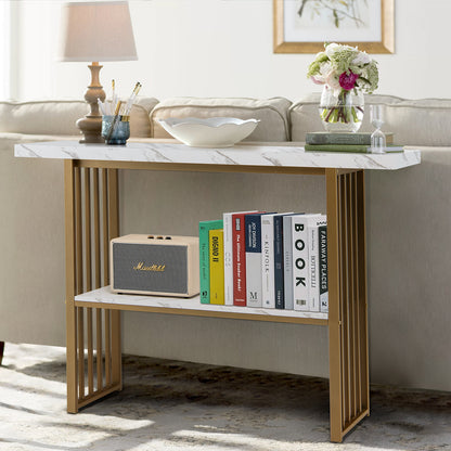 Console Table 2-Tier Beside Sofa Table with Faux Marble Tabletop Hallway