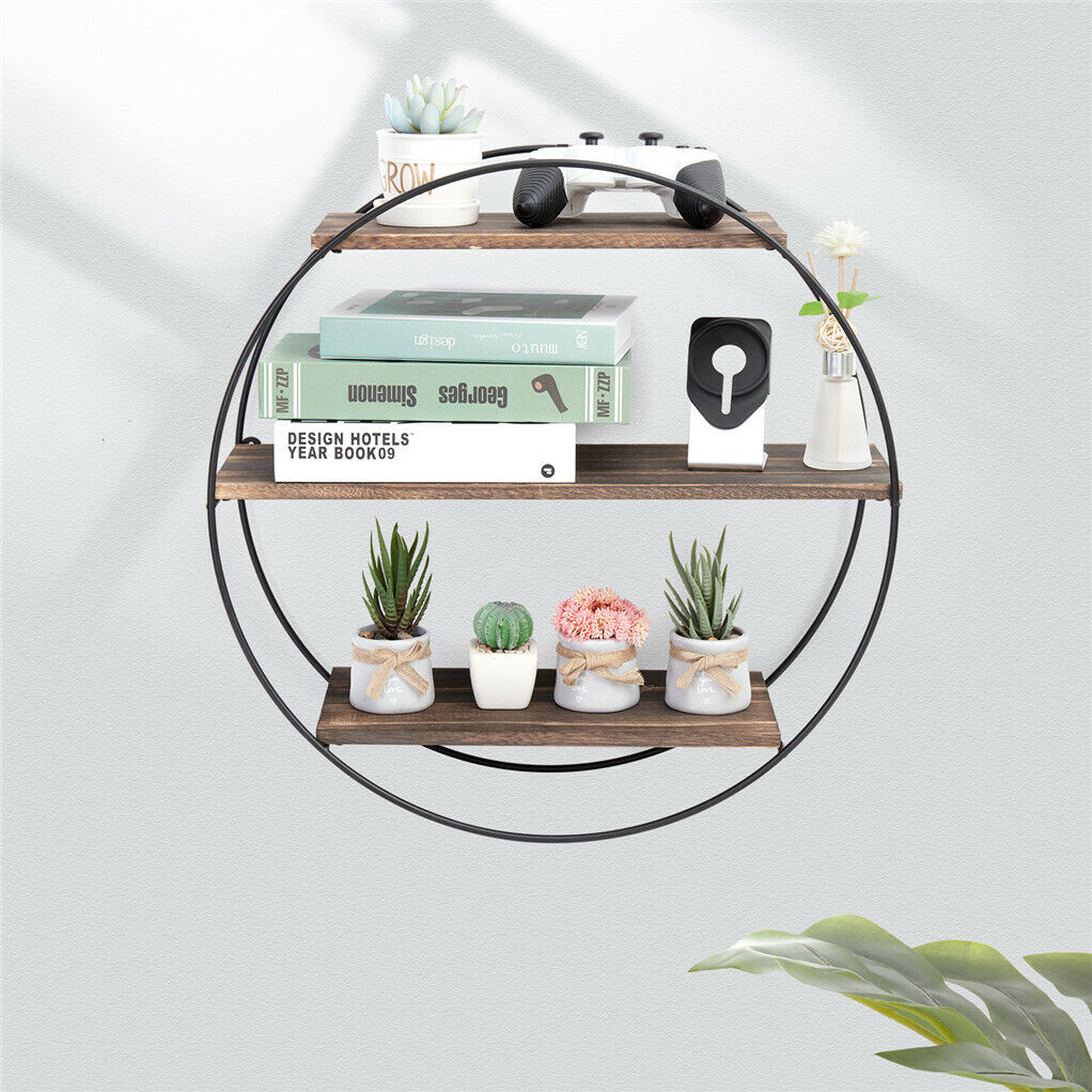 P&P Large Round Wall Unit Industrial Iron Style Retro Metal Wood Home Shelf Storage