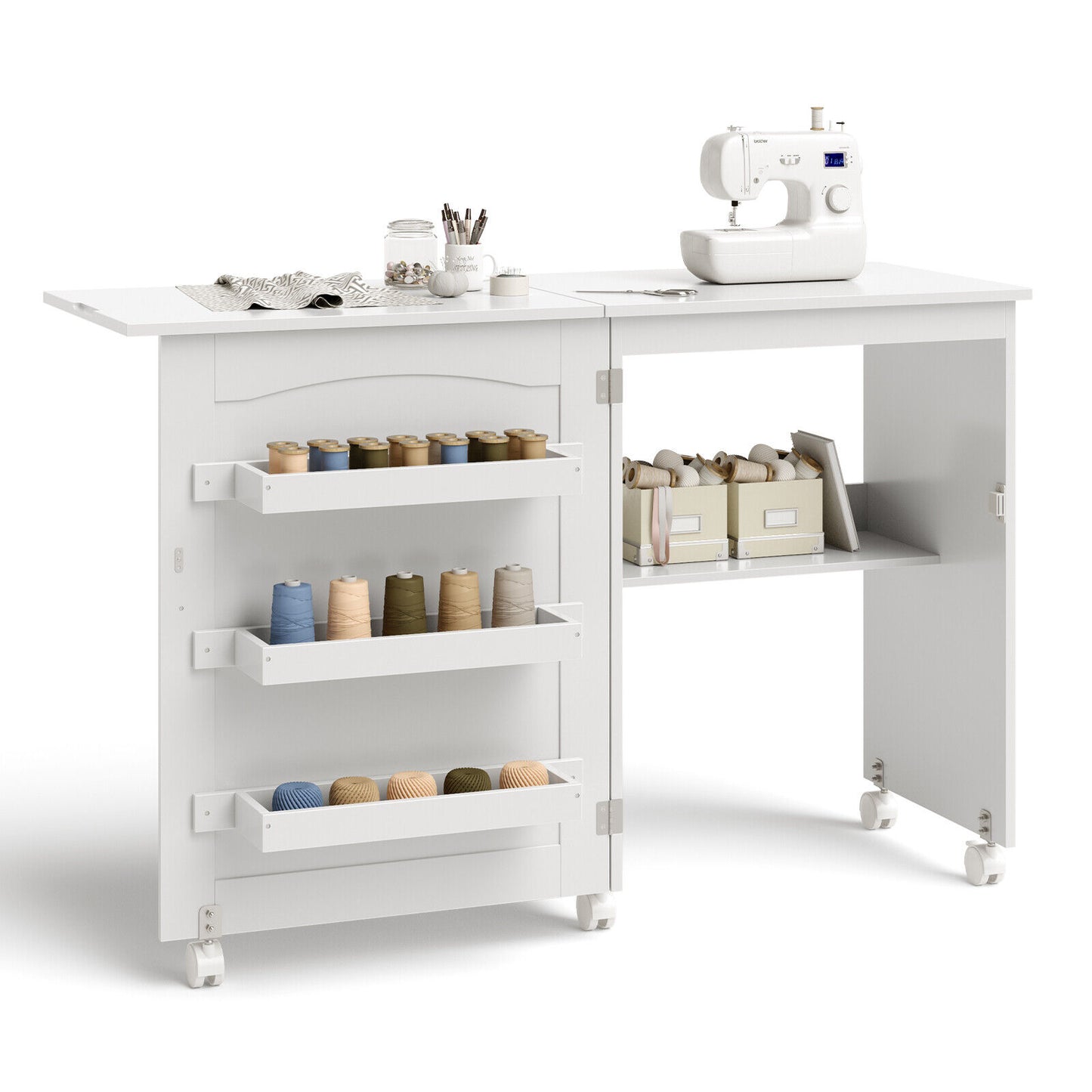 White Folding Sewing & Craft Table with Shelves and Wheels