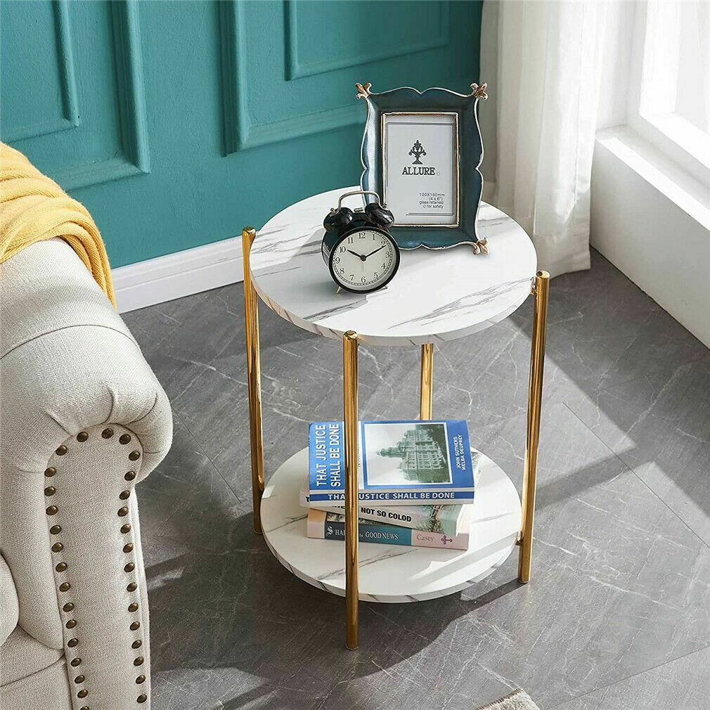 P&P White Marble Side End Table 2Tier Round Nightstand w/ Storage Shelf Living Room