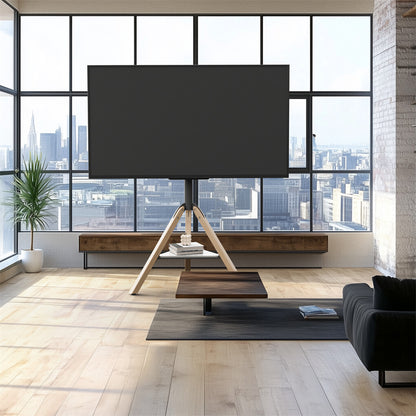 P&P 32-75 Inch Swivel Tripod TV Stand Stable Wooden Legs TV Mount with Marble Shelf