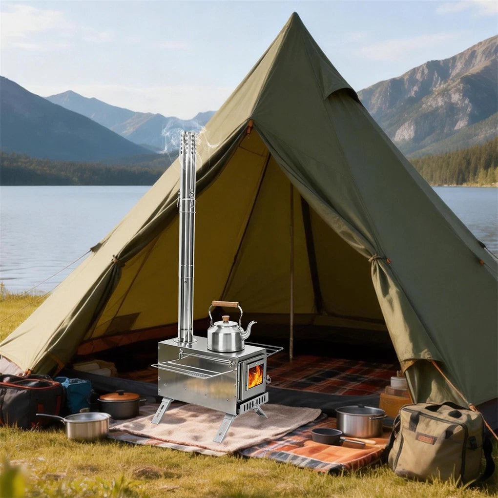 Portable Wood Burning Camping Stove with Chimney Pipes - Stainless Steel Tent Heater Cooker - Hot Tent Stove with Spark Arrestor - Outdoor Hiking Heating Stove