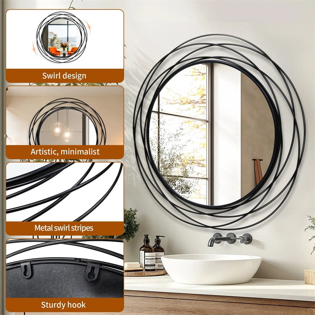 Round Black Iron Wire Frame Wall Mirror - Modern Geometric Hanging Mirror - Decorative Circle Metal Wall Mirror for Living Room Bedroom Entryway