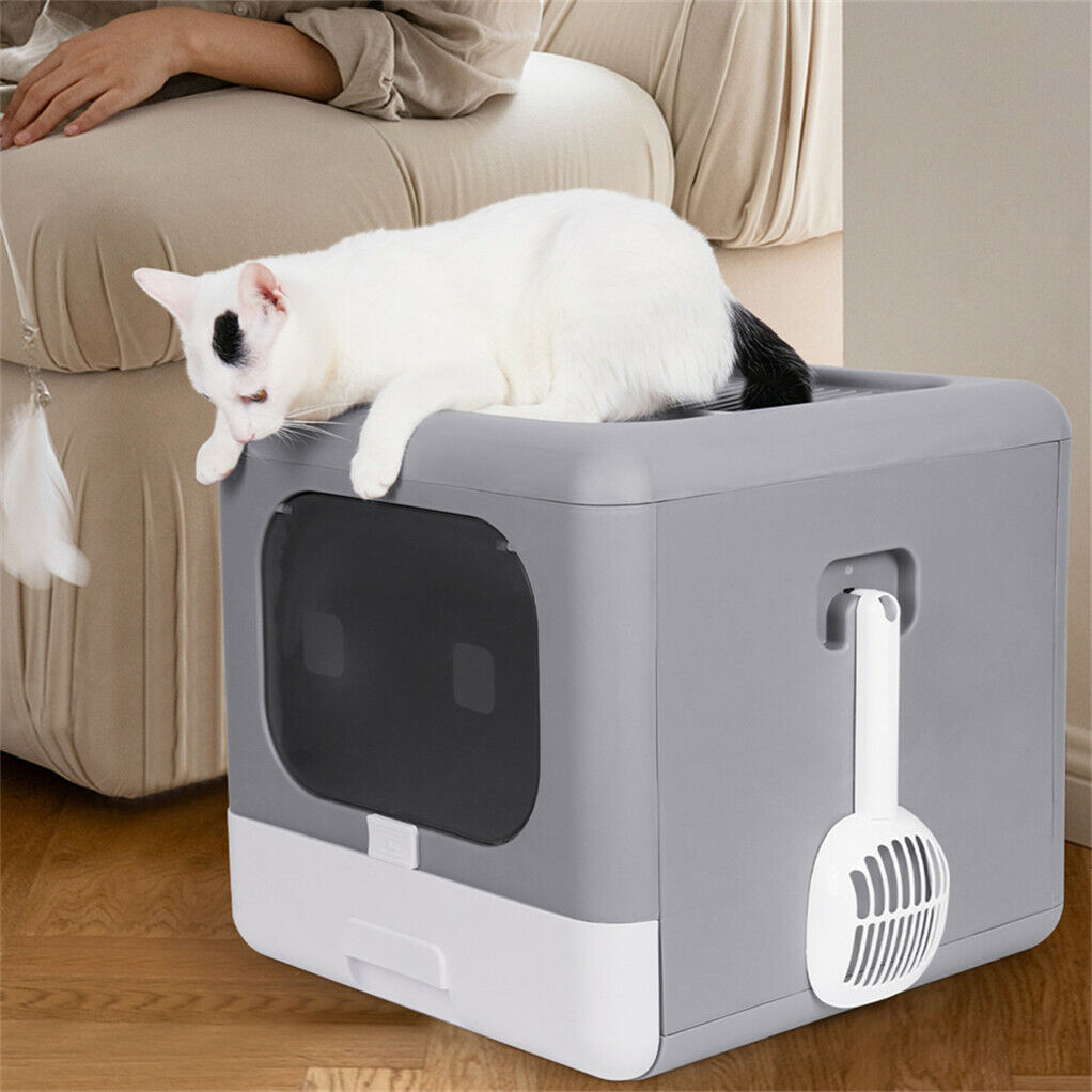 Enclosed kitty toilet showing adjustable double-door design