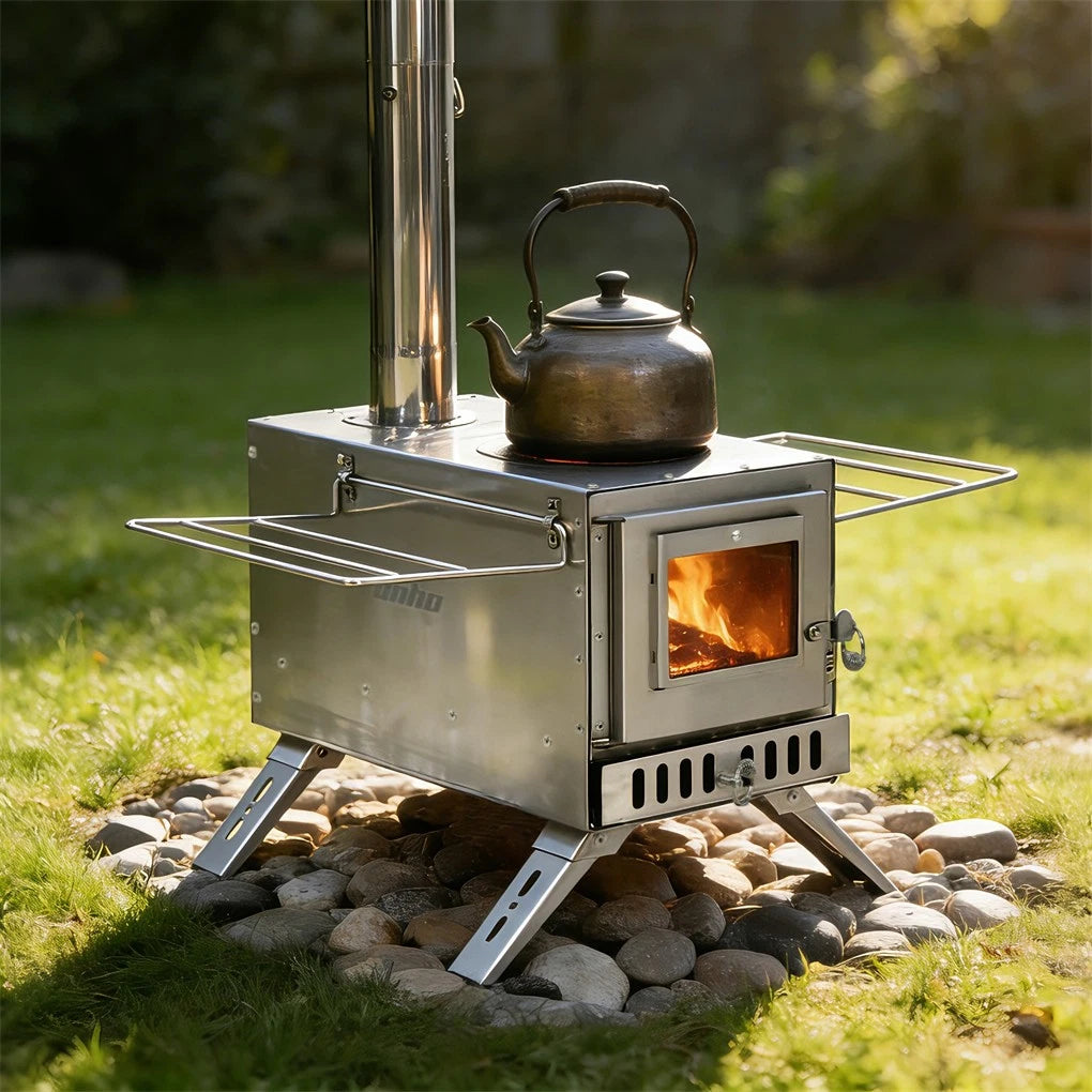 Portable Wood Burning Camping Stove with Chimney Pipes - Stainless Steel Tent Heater Cooker - Hot Tent Stove with Spark Arrestor - Outdoor Hiking Heating Stove