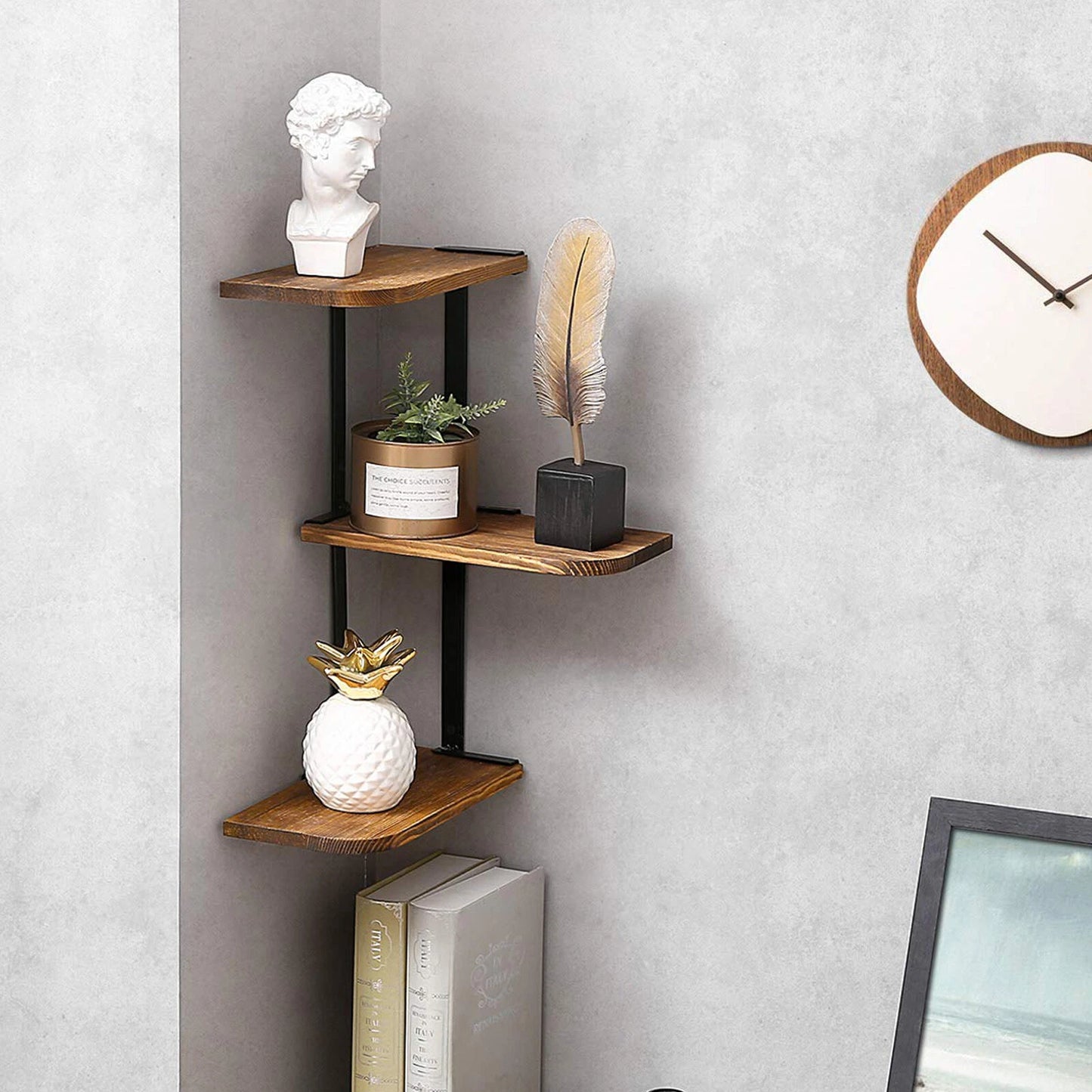 Wooden 3-Tier Floating Wall Shelf for Corner Art Display and Storage