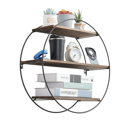 P&P Large Round Wall Unit Industrial Iron Style Retro Metal Wood Home Shelf Storage