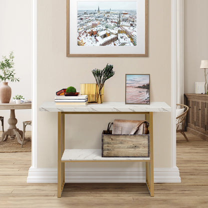 Console Table 2-Tier Beside Sofa Table with Faux Marble Tabletop Hallway