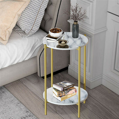 P&P White Marble Side End Table 2Tier Round Nightstand w/ Storage Shelf Living Room