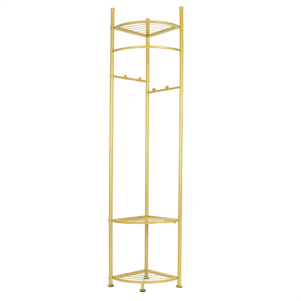 Gold corner coat rack with hanging rail hooks and three shelves