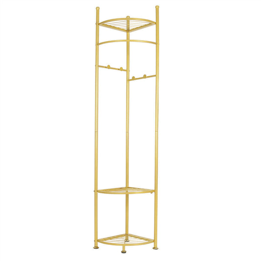 Gold corner coat rack with hanging rail hooks and three shelves