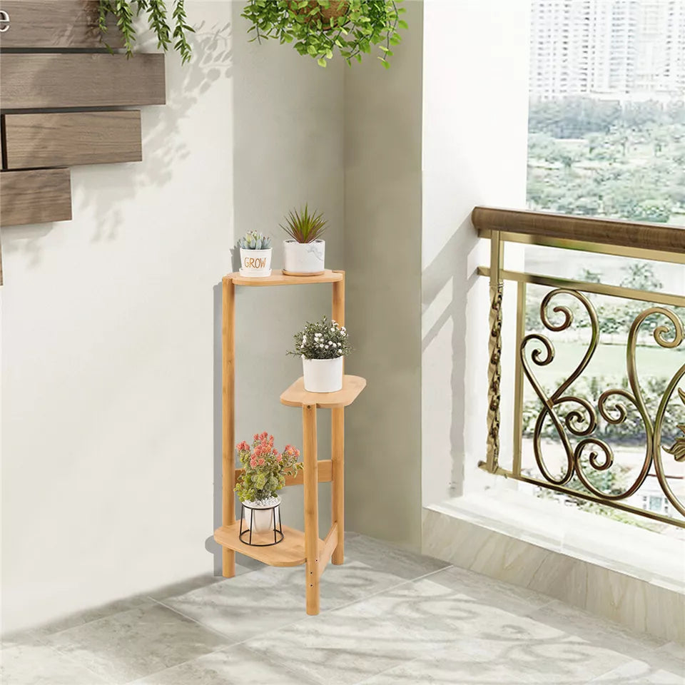 Natural bamboo plant stand with staggered shelves