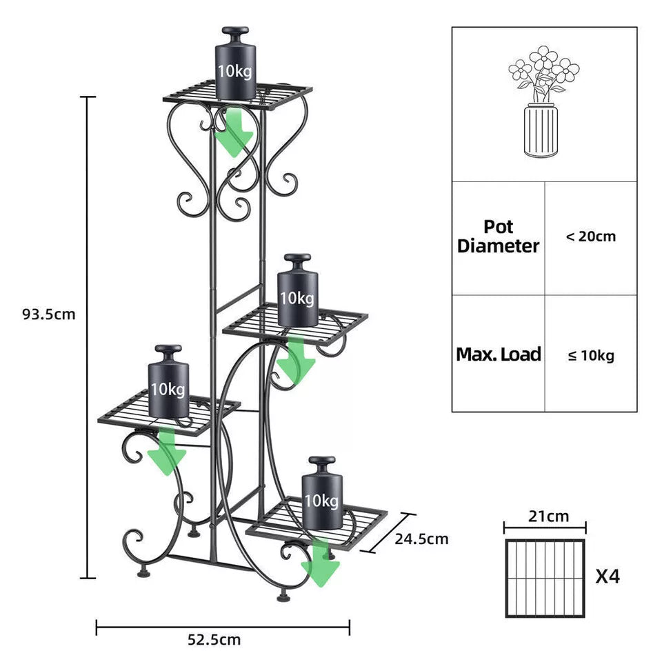 Tiered black plant stand shown with assorted pots