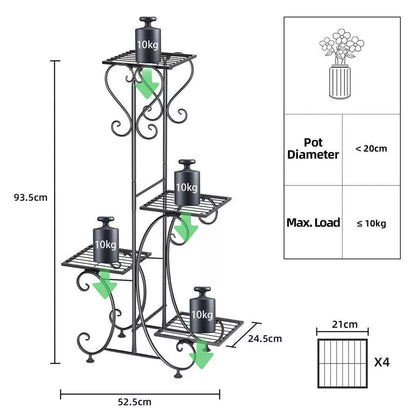 Tiered black plant stand shown with assorted pots