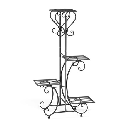 Four-tier black metal plant stand with potted plants