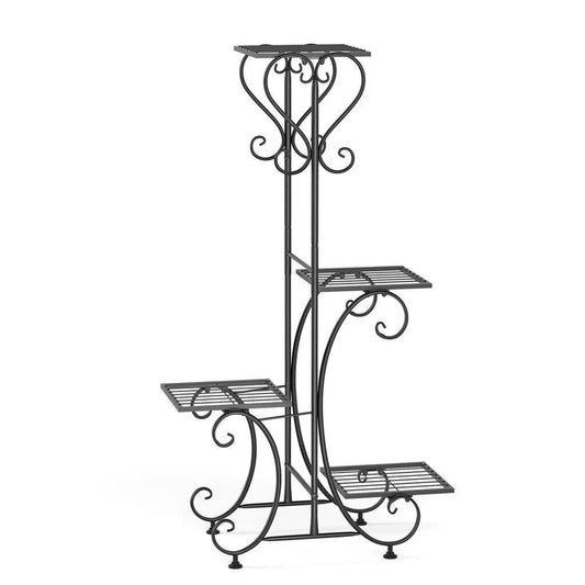 Four-tier black metal plant stand with potted plants