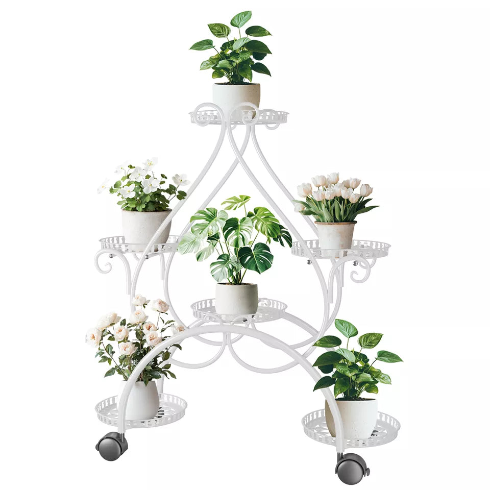 White six-pot metal plant stand with wheels