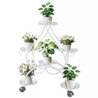 White six-pot metal plant stand with wheels