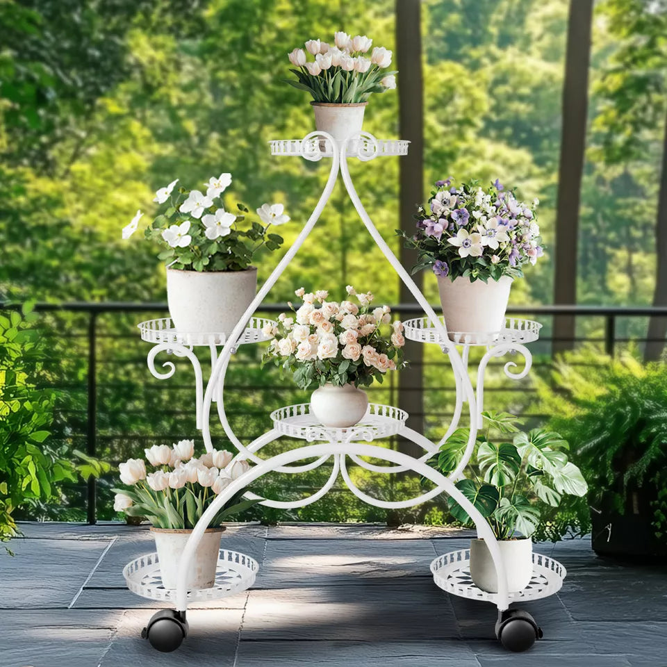Mobile metal plant stand viewed from the side