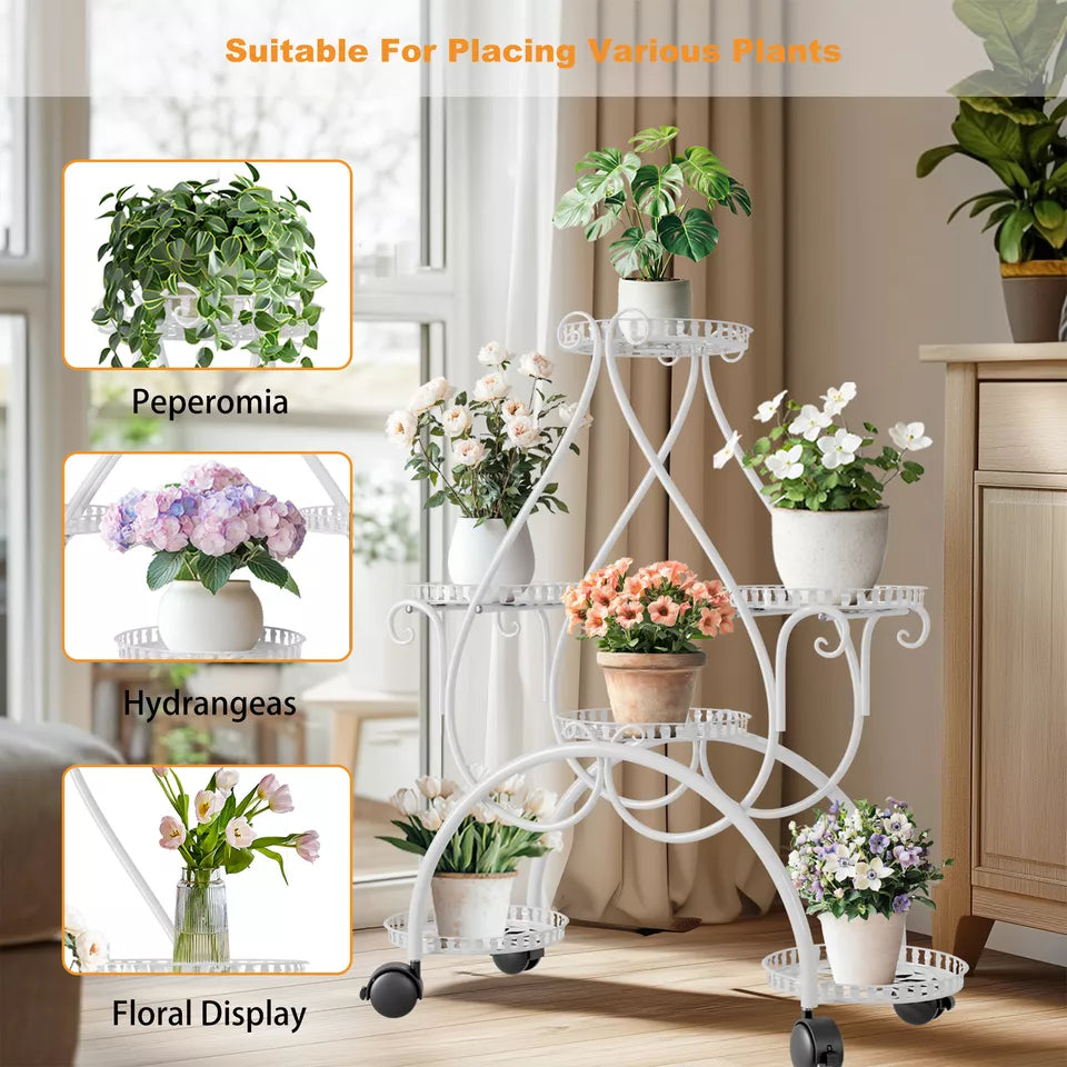 Tiered white metal rack for indoor plants
