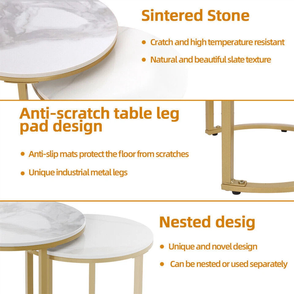 Elegant nesting end tables with white sintered stone surfaces