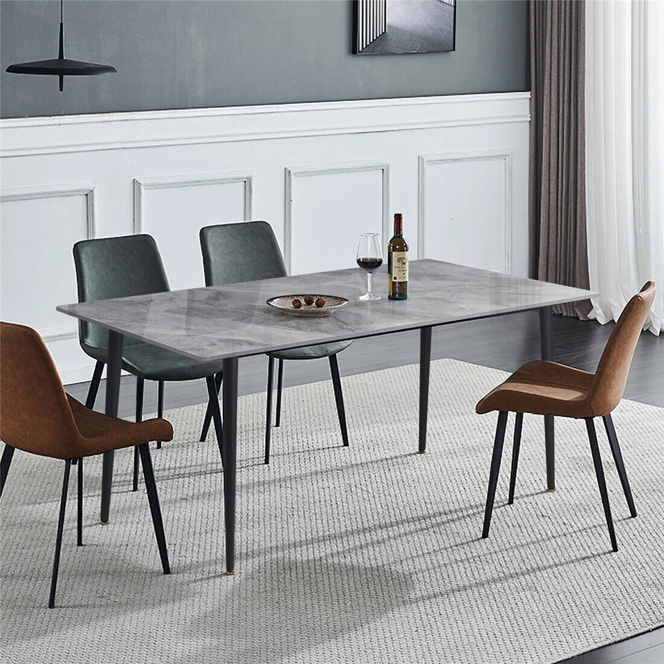 P&P Glossy Gray Rectangular Stone Dining Table With Slim Black Legs