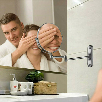 Chrome wall mirror with dual-sided magnification