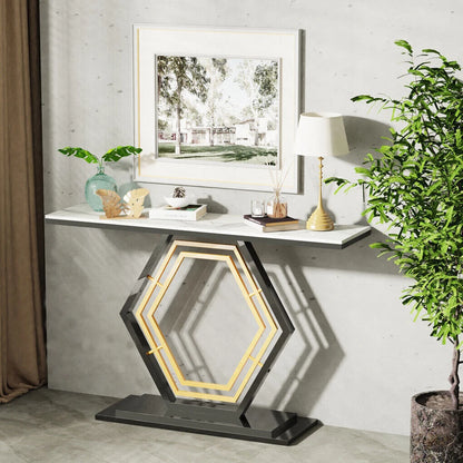 Geometric gold and black console table, styled in hallway