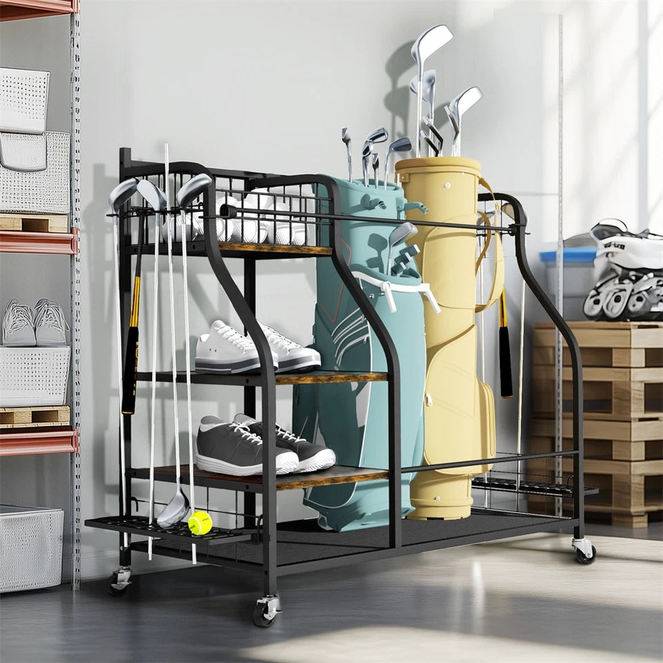 Mobile golf equipment storage rack for home use