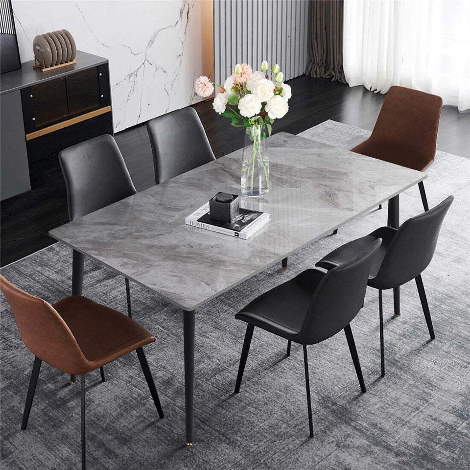 P&P Glossy Gray Rectangular Stone Dining Table With Slim Black Legs