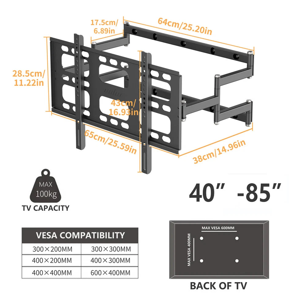 Full motion TV mount for 40â€“85 inch LED and LCD TVs