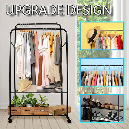 Black garment display stand for clothes and footwear storage