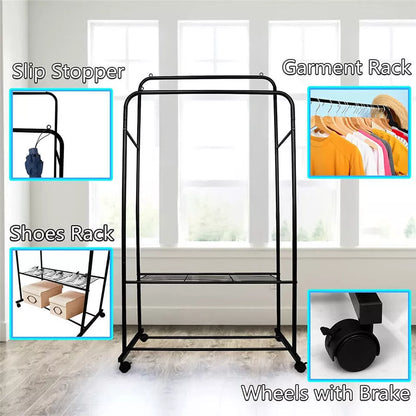 Modern black clothing rack with spacious hanging and shoe storage