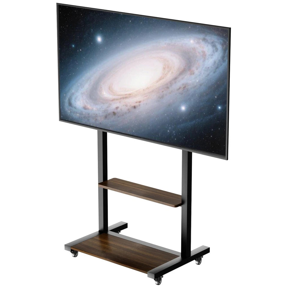 Industrial TV floor stand with rolling wheels and shelves