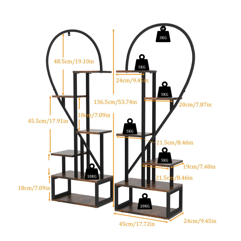 Space-saving half heart shaped plant display stand