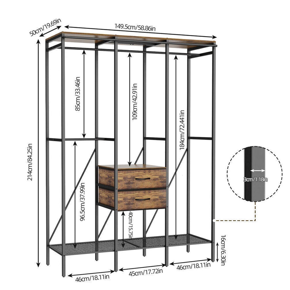 Fin Xxl Heavy Duty Wardrobe With 2 Drawers Bedroom Storage Hanging Bar Clothes Rail