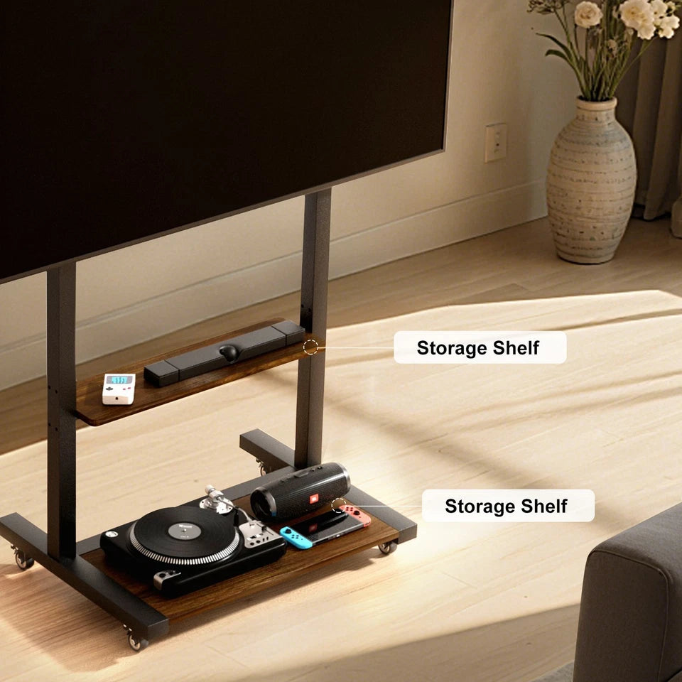 Rolling TV stand with storage shelves for home and office
