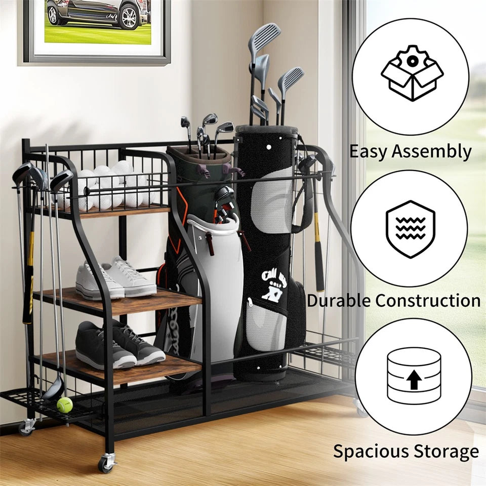 Golf bag storage rack with smooth rolling wheels