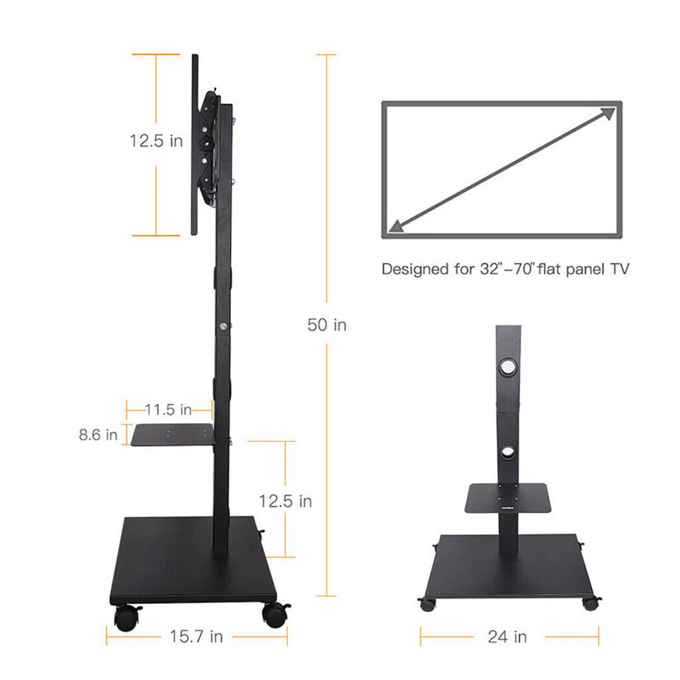 Rolling Trolley TV Floor Stand Portable Television w /Swivel VESA Bracket 32-70"