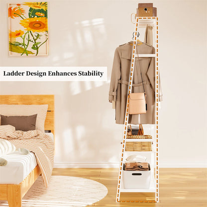 White garment stand with bamboo frame and storage shelves