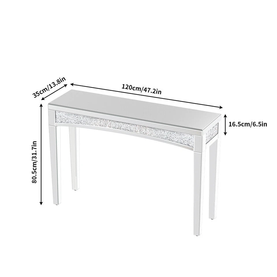 Elegant mirrored console table with decorative glass legs
